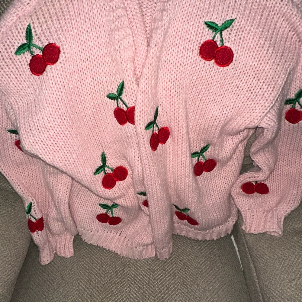 Pink Cherry Cardigan with Fuzzy Knit